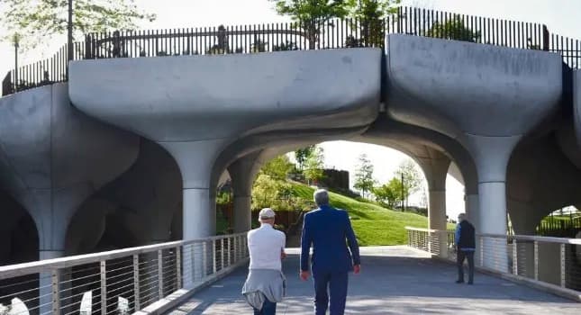 Entrance bridge to Little Island with tulip-shaped concrete pods